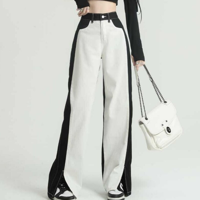 Women White Jeans Splicing High Street American Fashion Streetwear Style Wide Leg Jean Female Baggy Trouser Straight Denim Pants